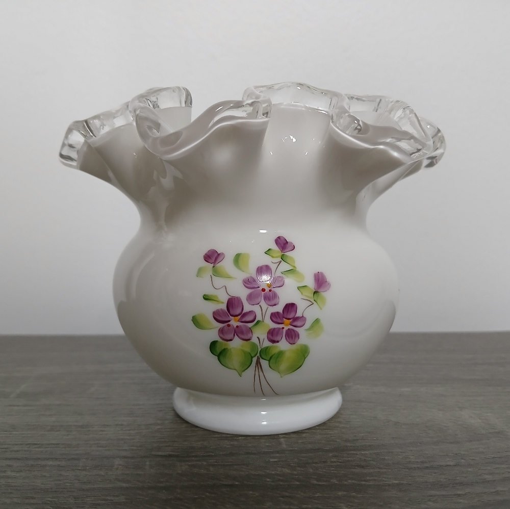 Vintage FENTON Kay Cunningham "Violets in the Snow" Silver Crest Rose Bowl Vase